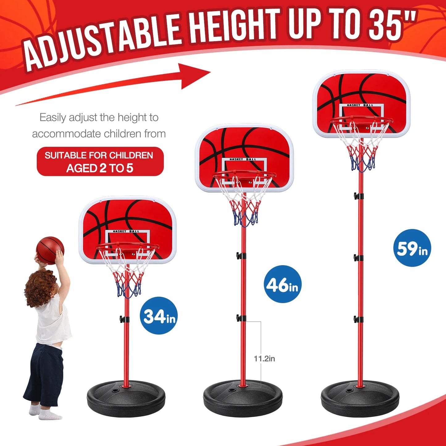 Kids Basketball Hoop, Basketball Hoop Indoor Adjustable Height 2.8-5 FT - Toddler Basketball Hoop - Basketball Goals Indoor Outdoor Play