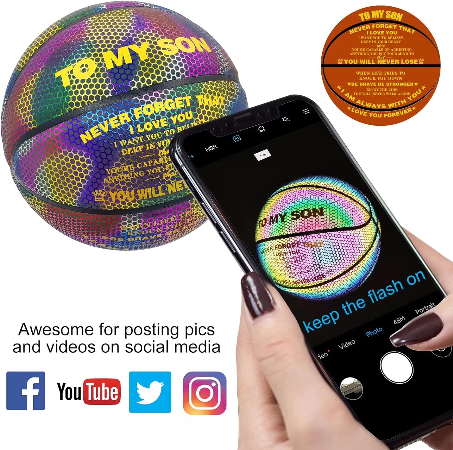 Basketball, Holographic Basketball Size 5 (27.5") & Size 6 (28.5") & Size 7 (29.5") for Kids & Adults, Reflective Glowing Leather Basketball, Indoor Outdoor Basketball Gifts for Boys Girls
