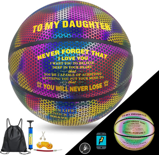 Basketball, Holographic Basketball Size 5 (27.5") & Size 6 (28.5") & Size 7 (29.5") for Kids & Adults, Reflective Glowing Leather Basketball, Indoor Outdoor Basketball Gifts for Boys Girls
