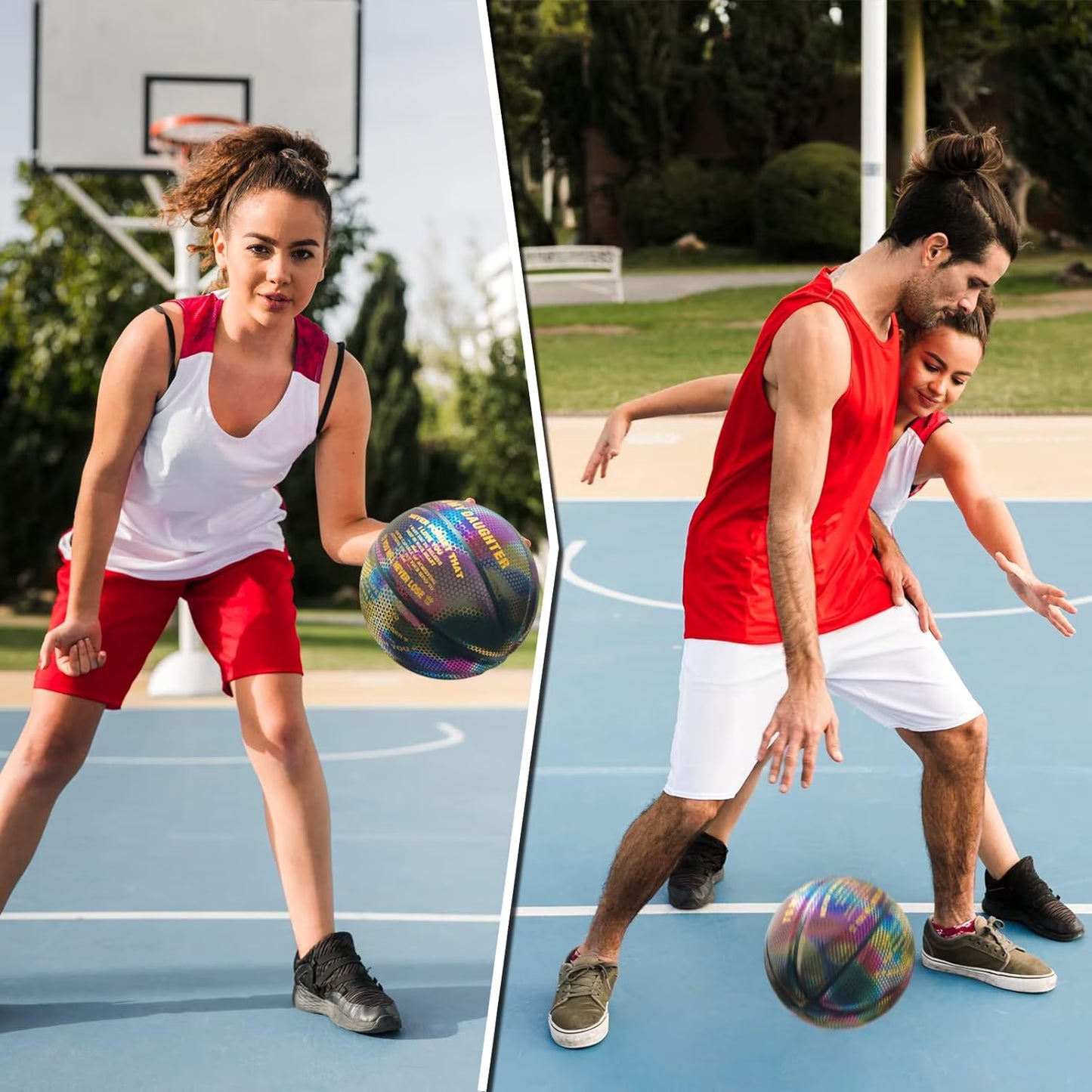 Basketball, Holographic Basketball Size 5 (27.5") & Size 6 (28.5") & Size 7 (29.5") for Kids & Adults, Reflective Glowing Leather Basketball, Indoor Outdoor Basketball Gifts for Boys Girls