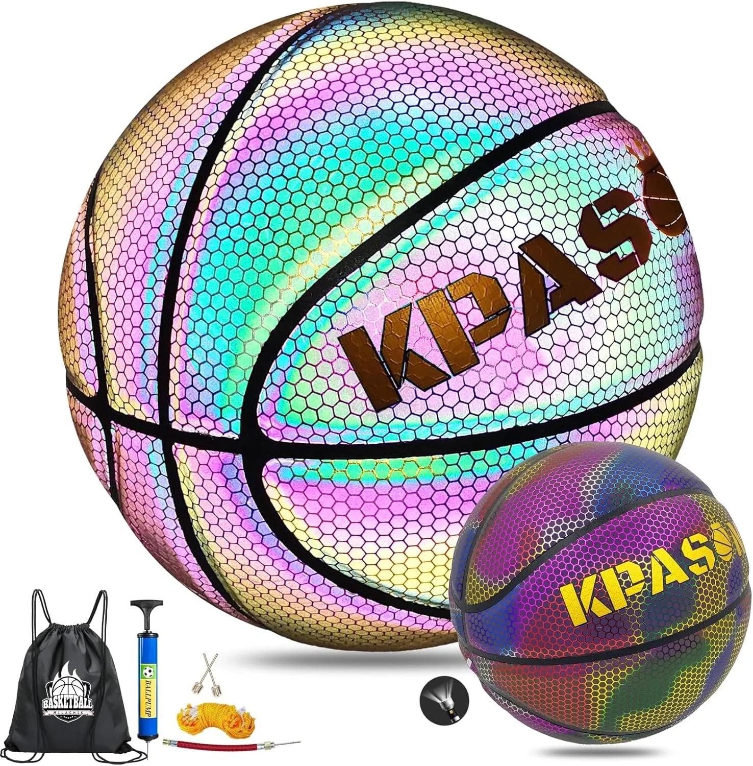 Basketball, Holographic Basketball Size 5 (27.5") & Size 6 (28.5") & Size 7 (29.5") for Kids & Adults, Reflective Glowing Leather Basketball, Indoor Outdoor Basketball Gifts for Boys Girls